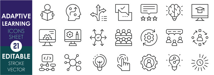 Leinwandbilder - A set of line icons related to Adaptive Learning. Personalization, progress, interactive, algorithm, data-driven, feedback, learning path, and so on. Vector editable stroke.