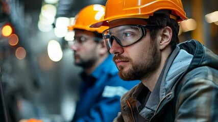 Fototapete - Men in hard hats and safety gear focus intently on industrial computers as they conduct essential tasks in a busy factory environment, showcasing teamwork and technical expertise.
