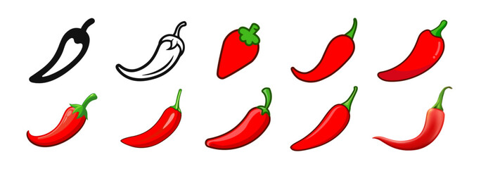 Red hot natural chili pepper icons set. Vector Asian and Mexican spicy food and sauce. Spicy chili pepper isolated on transparent background