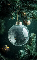 Poster - Beautiful transparent ball made of thick frosted glass hanging on a dark green lush Christmas tree.