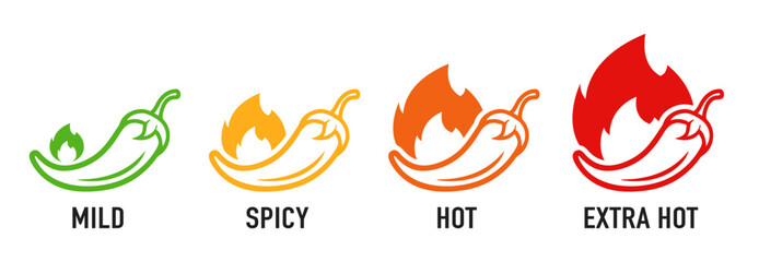 Wall Mural - Spice level marks: mild, spicy, hot and extra hot. Symbol of pepper with fire. Vector spicy food mild and extra hot sauce, chili pepper red icons