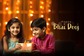 Happy Bhai Dooj Celebration Banner-A joyful moment as a young Indian brother and sister present a gift to each other. Fictional Character Created By Generative AI.