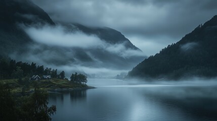 Wall Mural - Misty morning landscape at a tranquil fjord with clouds drifting over hills and a peaceful village in the background