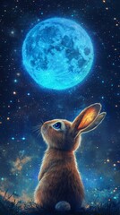 Wall Mural - Cute bunny is gazing at a big blue moon in a starry night, creating a magical and dreamy atmosphere. The image evokes a sense of wonder and awe
