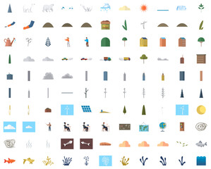 Wall Mural - climate change concept infographic elements. people, plants, animals and fishes. global warming prob