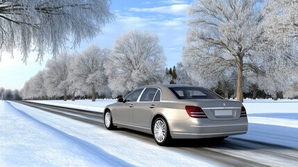 A sleek gray luxury car navigates a winding snowy road, showcasing its elegance against a backdrop of winter trees and distant mountains under bright blue skies