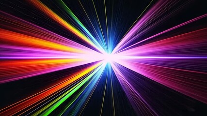 Poster - Multicolored laser beams expand from the center against a black background. The beams grow larger and brighter, creating a vibrant display of energy and dynamic motion