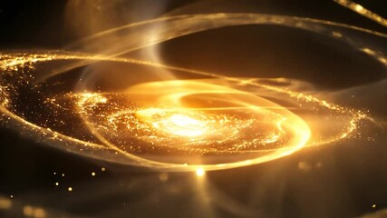 Poster - Golden particles swirl and form a constantly evolving galaxy, with light shining brightly from the center, creating a mesmerizing cosmic display of energy and beauty