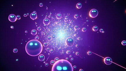 Poster - Purple spheres rotate around a glowing core, emitting light streaks in a dark environment. The scene creates an abstract and hypnotic atmosphere, perfect for visual effects and digital art