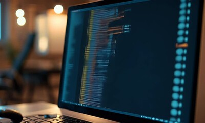 Poster - A close-up of an open laptop screen displaying lines of code, representing the coding process for website development. 