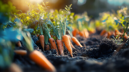 Canvas Print - Ripe carrots growing in the garden beds. The fallow vegetable vermeer crop is waiting to be harvested.