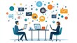 © Cathynew - Project management teamwork, two persons discussing product reviews, network links, stock market background, flat design illustration