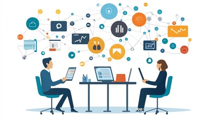 project management teamwork, two persons discussing product reviews, network links, stock market bac