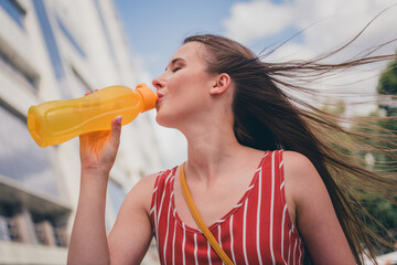 Photo of lovely pretty adorable girl wear stylish clothes break pause drink refreshing tasty drink summer outside