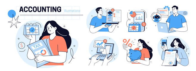 Poster - ai technology in finance and accounting set. collection of characters preparing automated tax return