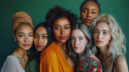 A group of diverse women, united in their strength, beauty, and individuality, standing together in solidarity. looking towards camera