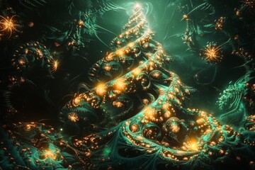 a beautiful mandelbrot fractal christmas tree with glowing lights.