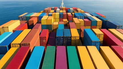 Colorful shipping containers on a cargo vessel at sea