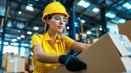 Aufkleber - Efficient worker placing packages on shelves in warehouse, showcasing dedication and focus. bright yellow helmet and gloves highlight safety in workplace