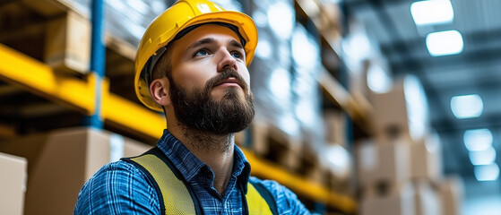 Efficient worker in warehouse wearing hard hat and safety vest, contemplating his tasks. environment is filled with shelves and packages, showcasing busy logistics setting