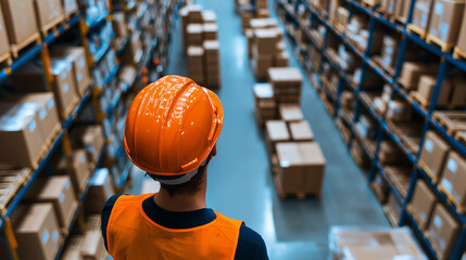 Aufkleber - worker in orange safety helmet and vest observes organized rows of boxes in large distribution center. atmosphere conveys sense of efficiency and order