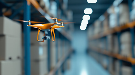 Aufkleber - Automated warehouse drone scanning shelves in futuristic environment, showcasing advanced technology and efficiency in inventory management