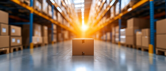 Aufkleber - single cardboard box sits in spacious warehouse, illuminated by warm sunlight streaming through aisles filled with stacked boxes. scene conveys sense of organization and efficiency