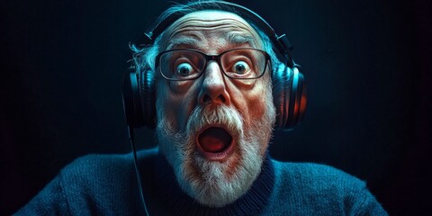 Wall Mural - a surprised senior man wearing headphones with wide eyes and an open mouth. the image captures excit