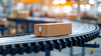 Aufkleber - modern distribution warehouse features conveyor belt transporting cardboard box, showcasing efficient logistics and packaging processes. scene reflects busy and organized environment