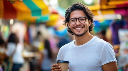 Latino man in a vibrant setting at a street market, holding a coffee cup and smiling, background with colorful stalls and people in slight blur, bright daylight