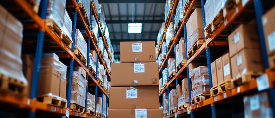 Aufkleber - Efficient warehouse layout with clear safety markings, showcasing neatly stacked boxes on shelves. organized space enhances productivity and safety