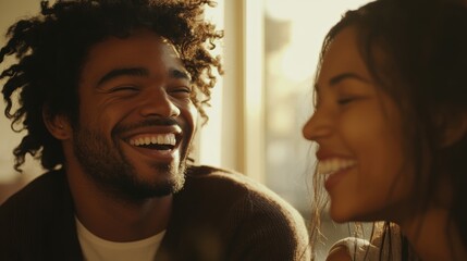 Black man with curly hair laughs with a woman next to him, cozy home setting, warm light