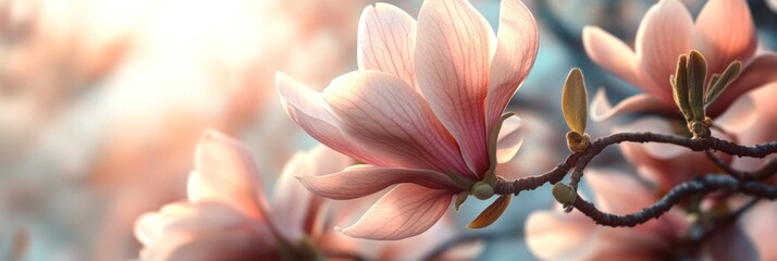 Poster - Delicate magnolia flowers bloom softly in warm sunlight. Their pink petals create a gentle, serene atmosphere, perfect for nature lovers. A stunning capture of beauty. AI