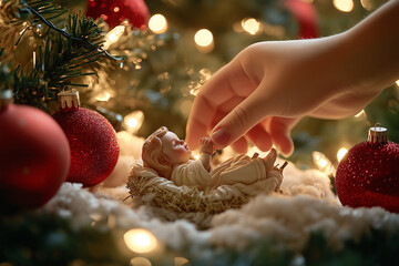 Wall Mural - hand placing a small nativity scene ornament on a decorated tree