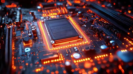 Poster - High-tech motherboard close-up, illuminated by glowing lights, showcasing intricate electronic components