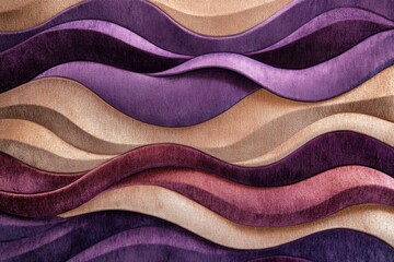 Poster - This image features a vibrant textile artwork with flowing waves in shades of purple and beige, emphasizing texture and movement through layered fabric design.