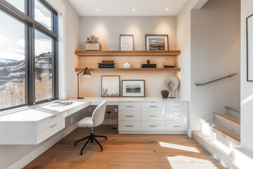 Aufkleber - minimalist home office featuring a clean white desk, ergonomic chair, and sleek shelves, set against