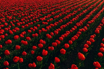 This image showcases a lush field of red tulips arranged in neat rows, creating a vibrant and eye-catching display against a natural outdoor backdrop.