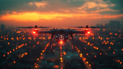 Poster - A drone soars above a city as the sun sets, illuminating the skyline and streets with soft orange and warm yellow lights, showcasing urban life.