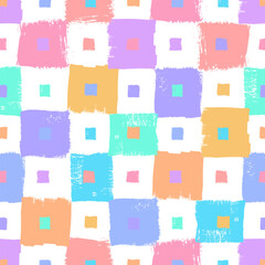Aufkleber - Vector checkerboard pattern. Seamless colorful brush stroke background. Checkered print, pink, purple, blue, orange, yellow and white colors. Painted ornament for kids. Rainbow motif. Childish design