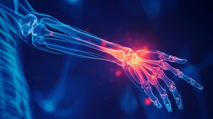 Leinwandbilder - A creative representation of a human arm showcasing its skeletal structure, with vibrant highlights indicating bone joints and movements