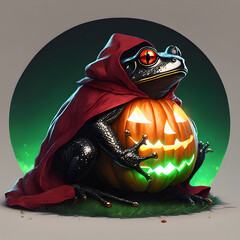 A large black frog wearing a dark red witch's cloak, with a small pumpkin next to it glowing in green neon light, white background.