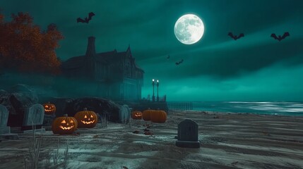 Wall Mural - A dark, eerie Halloween night, full moon glowing brightly, fog rolling through an old cemetery with tombstones, jack-o'-lanterns glowing with candles