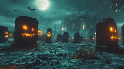 Wall Mural - A dark, eerie Halloween night, full moon glowing brightly, fog rolling through an old cemetery with tombstones, jack-o'-lanterns glowing with candles