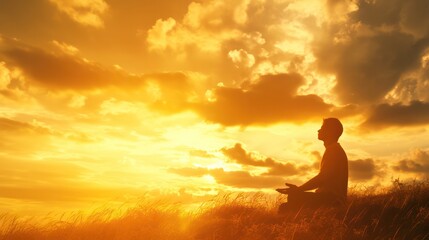 Wall Mural - a man is sitting in the grass, looking up at the sky