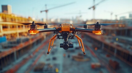 Aufkleber - A drone hovers over a construction site at sunset, capturing images of ongoing work surrounded by cranes and machinery, showcasing the dynamic construction process.