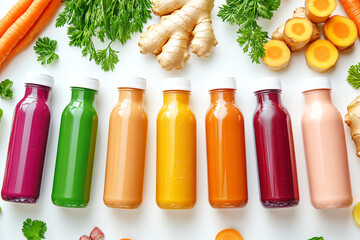 Bottles of fresh smoothies and juices against the background of ripe fruits and vegetables on a white background. Concept template for advertising nutrition, diet and detox. Eco-friendly products