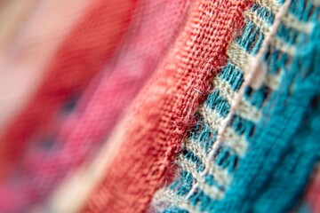 Poster - A vibrant representation of woven textures focuses on red, orange, and teal colors, embodying cultural richness, warmth, and artistic vibrancy in fabric art.
