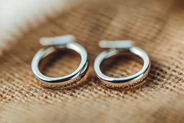 Two silver hoop earrings are placed on a natural burlap fabric, emphasizing their simple, rustic aesthetic while offering a contrast between metal and fabric textures.