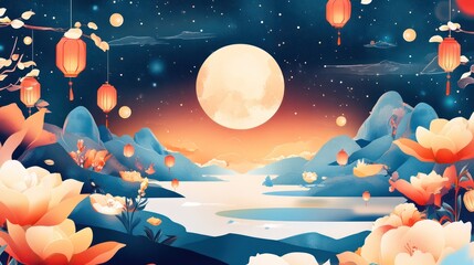 Poster - A beautiful landscape with a large moon in the sky